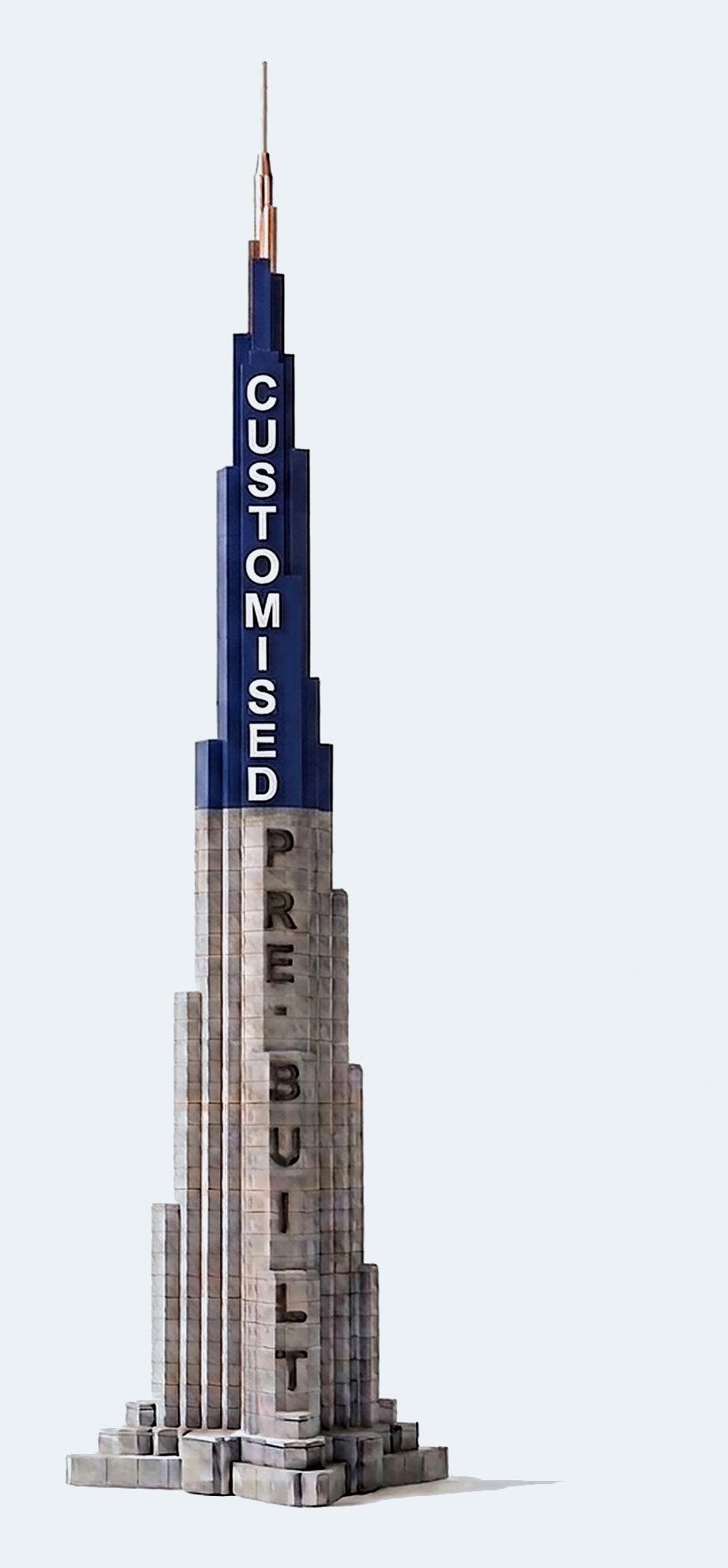 A tower built from modular blocks: the lower two thirds in grey lettered PRE-BUILT, the upper third in colour lettered CUSTOMISED